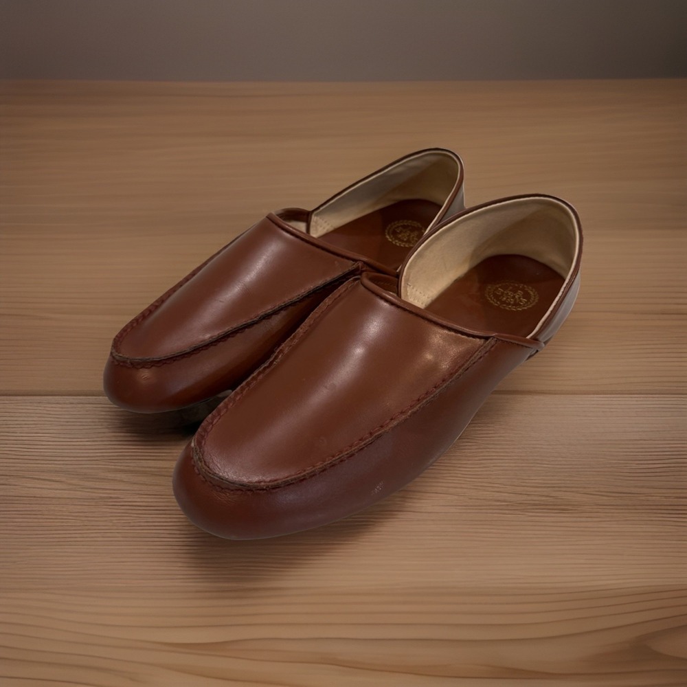 LB Evans Mens 9.5 Chicopee Slipper Brown Leather Classic Moccasin House Shoe EUC